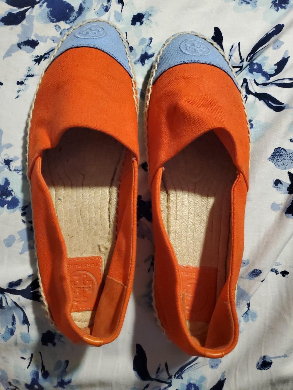 Tory Burch Orange Blue Cap Toe Canvas Espadrille Flats Women's Size 9.5